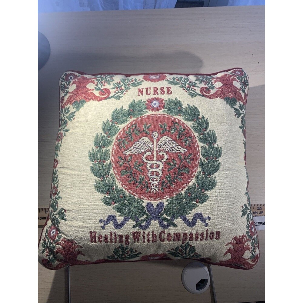 Nurse pillow states "Healing With Compassion” 16”Square Green Wreath Floral